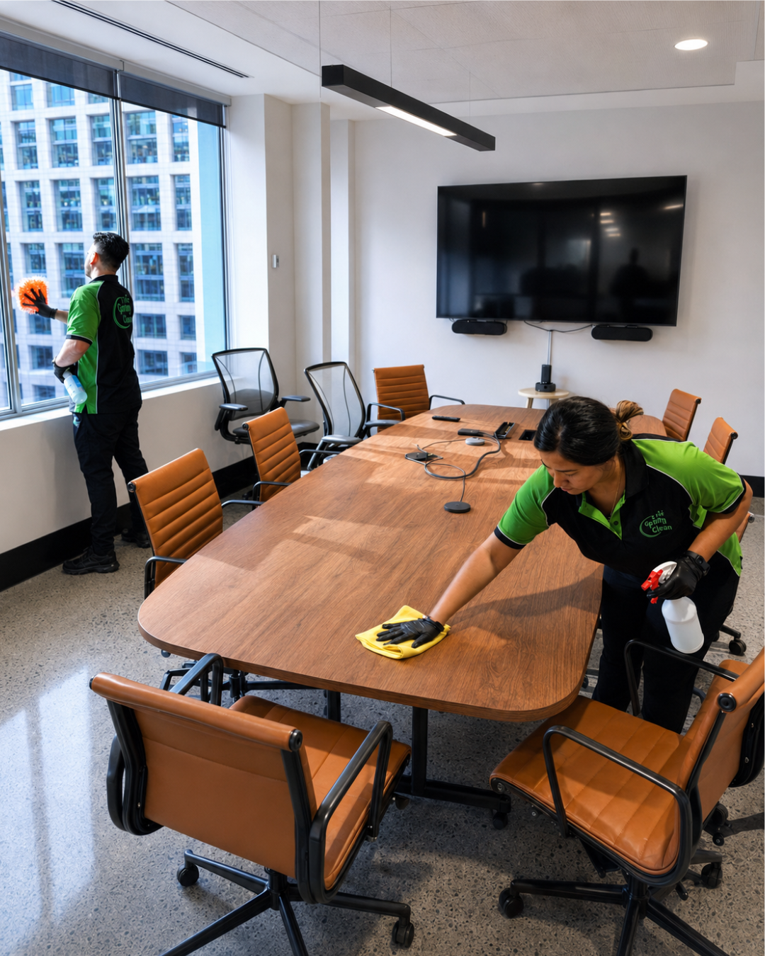 Picture1338 Two cleaners in green uniforms wipe a large wooden conference table in a modern office meeting room near tall windows with a city view, spraying and polishing surfaces.