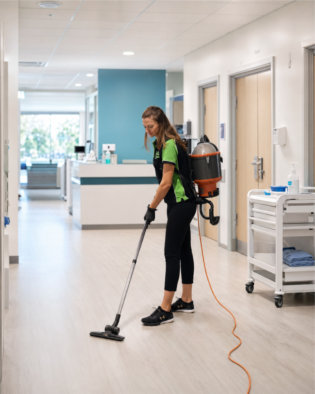 Picture1339 | Spiffy Clean - Commercial & Office Cleaning Services | Spiffy Clean - Commercial & Office Cleaning Services Hospital cleaner in a green and black uniform uses a backpack vacuum to sweep a bright corridor with smooth flooring.