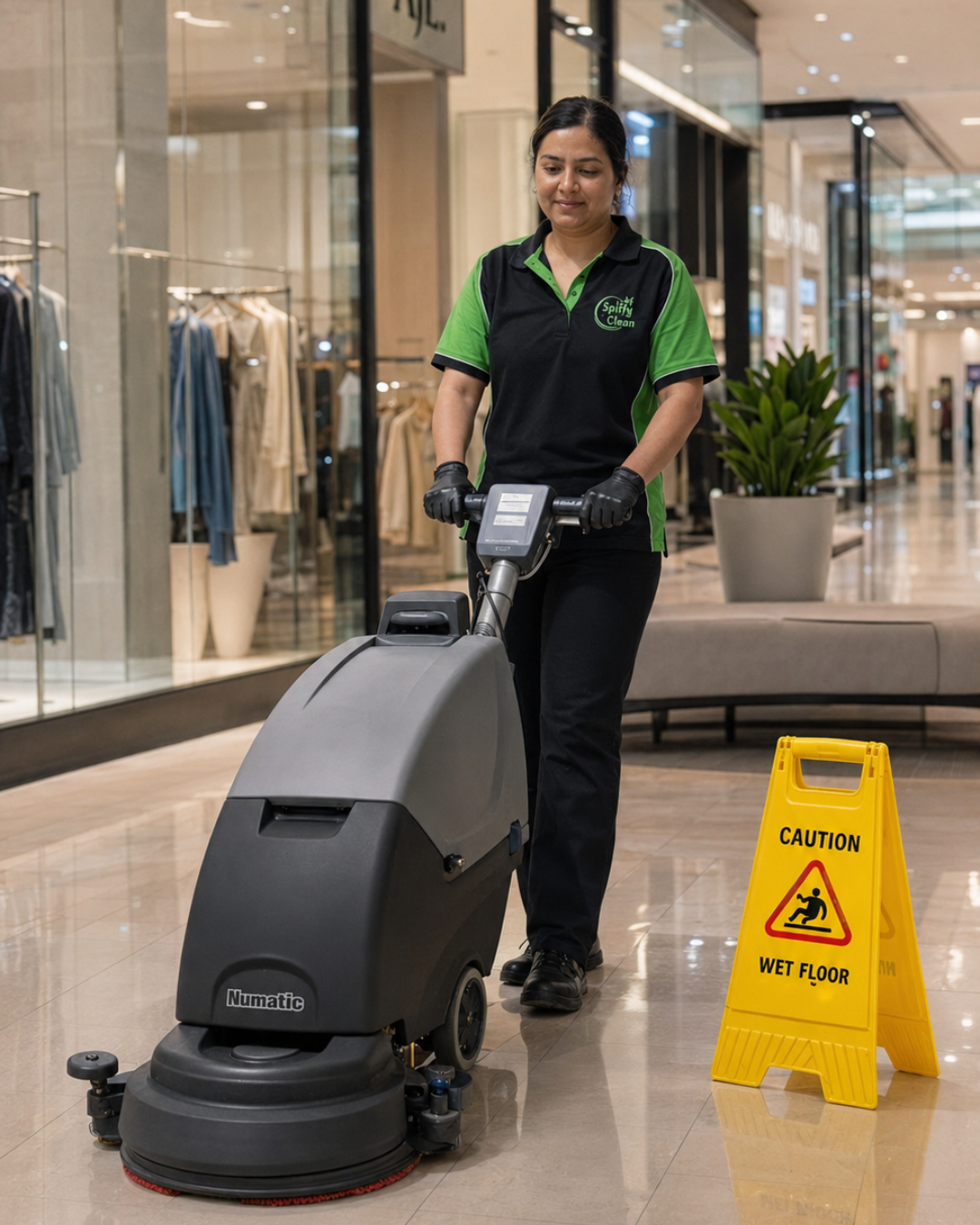 Picture1341 | Spiffy Clean - Commercial & Office Cleaning Services | Spiffy Clean - Commercial & Office Cleaning Services Mall corridor janitor in green-black uniform operating a Numatic floor scrubber, with a yellow 'Caution Wet Floor' sign nearby