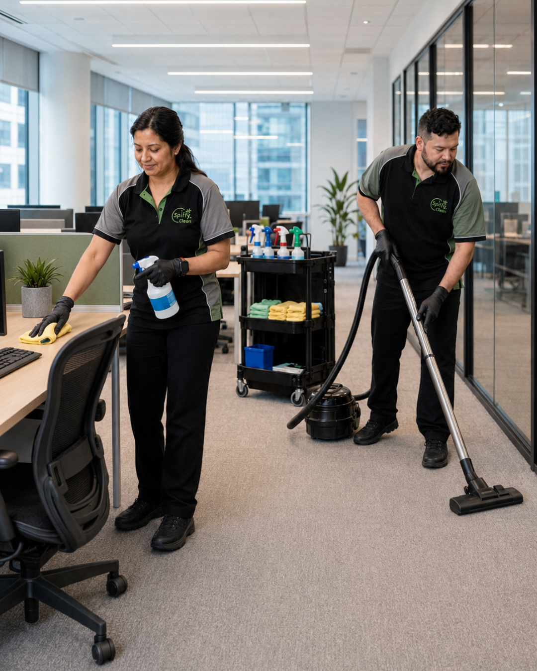 Picture1344 Two cleaning staff in uniforms wipe a desk and vacuum a carpet in a modern office, with a cart of supplies nearby