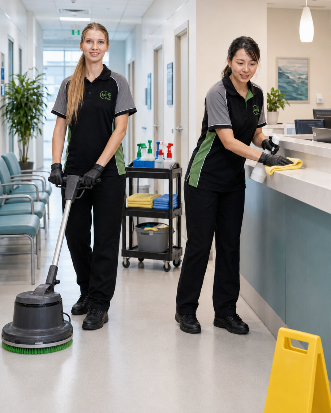 Picture1345 | Spiffy Clean - Commercial & Office Cleaning Services | Spiffy Clean - Commercial & Office Cleaning Services Two janitors in matching polo shirts clean a bright hallway; one uses a floor buffer while the other wipes the counter beside the reception area.