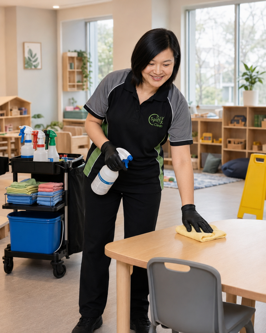 Picture1347 Caretaker in a black and gray uniformCleaning a wooden table with a yellow cloth in a bright classroom.