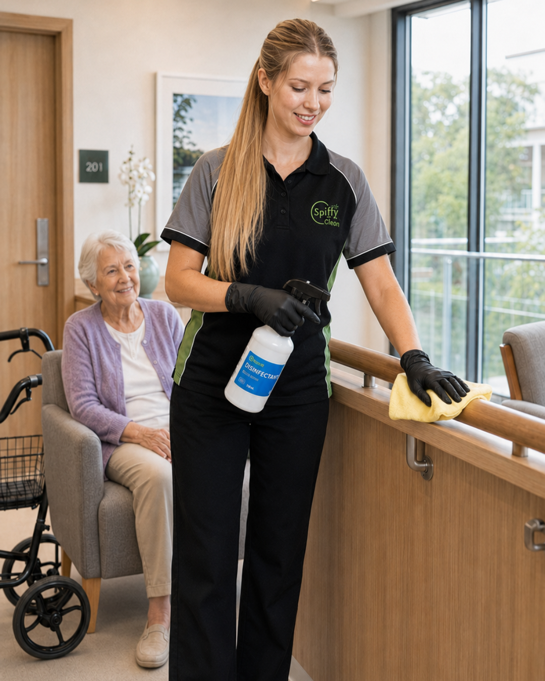 Picture1348 | Spiffy Clean - Commercial & Office Cleaning Services | Spiffy Clean - Commercial & Office Cleaning Services Caregiver in a Spiffy Clean uniform disinfects a handrail with a spray bottle while an elderly woman sits nearby in a lounge area, smiling and watching.