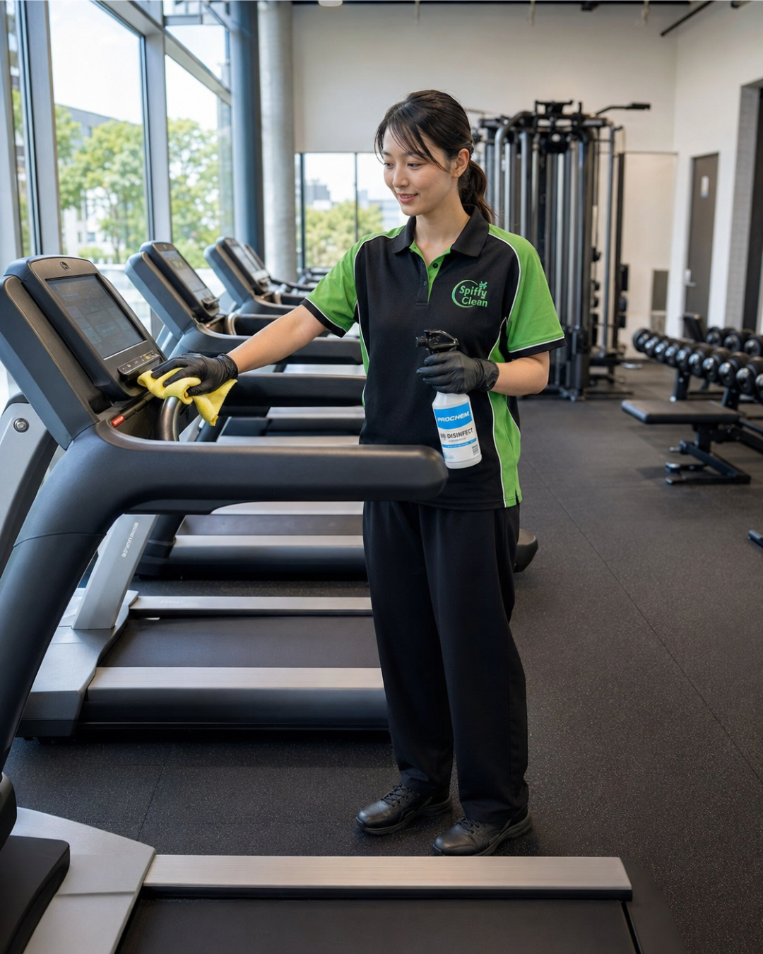 Picture1349 Gym cleaner in a green-and-black uniform wipes down a treadmill with a yellow cloth, holding a disinfectant spray bottle.