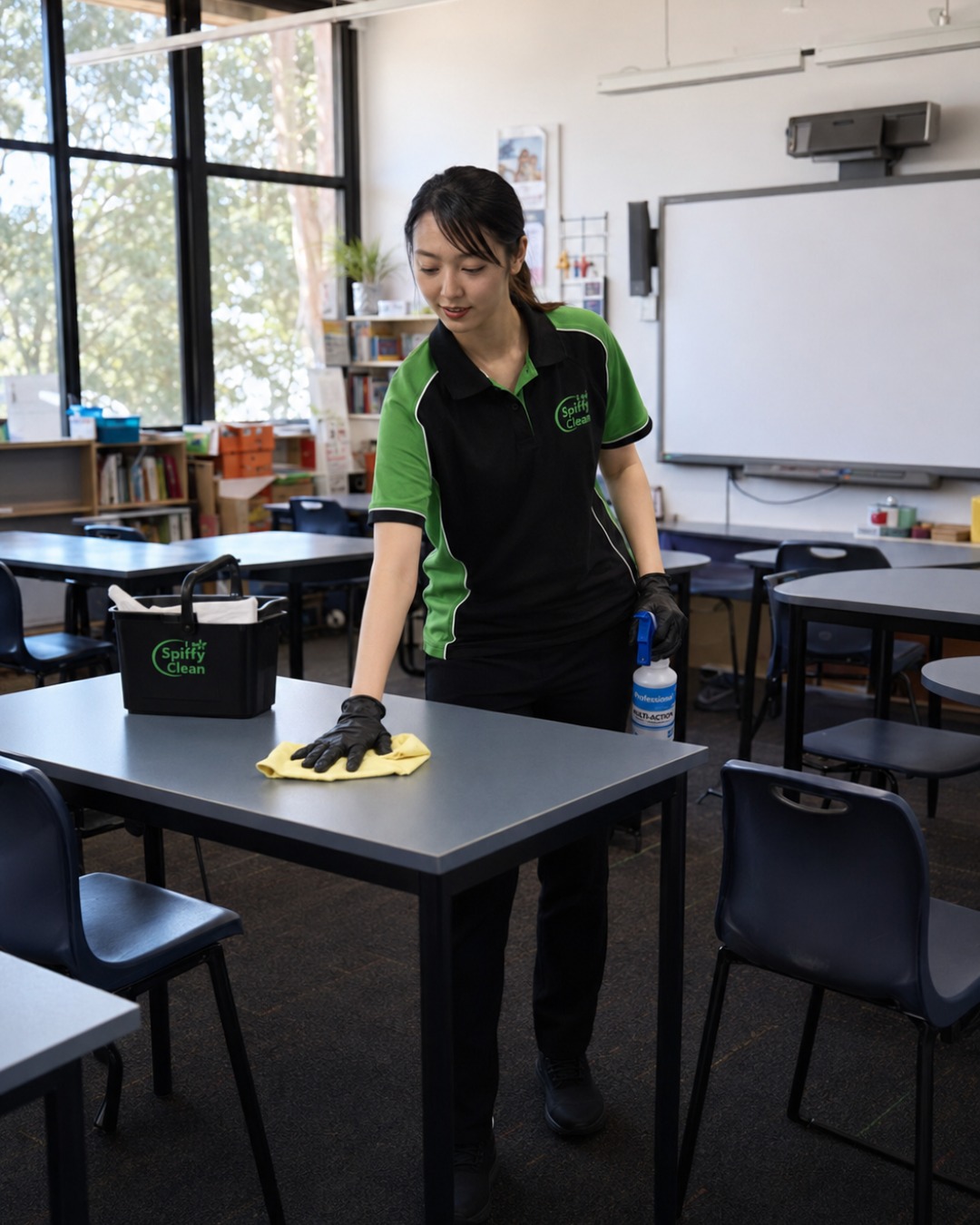 WhatsApp Image 2026-07-30 at 133949 A janitor in a green and black uniform wipes a classroom desk with a yellow cloth, holding a spray bottle nearby.