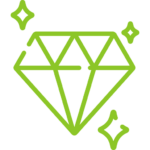 Green diamond gemstone icon with three small sparkles around it, on a black background.