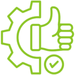 Green gear with a thumbs-up and a checkmark, signaling configured/approved settings.