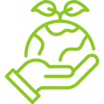 Green line icon of a hand cupping a globe with a small sprout, symbolizing environmental care or sustainability