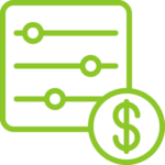 Green icon with three horizontal sliders and a dollar sign, representing pricing or budget controls.
