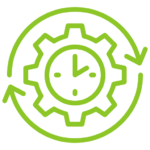 Green gear with a clock at center and circular arrows surrounding it, symbolizing automation and time management.