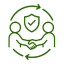 Hands cupping a shield with a checkmark, encircled by arrows to symbolize protection and reliability.