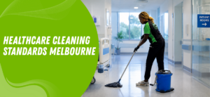 Hospital cleaner mops a bright hallway while wearing a green-and-black uniform; blue 'Patient Rooms' sign visible in the doorway.