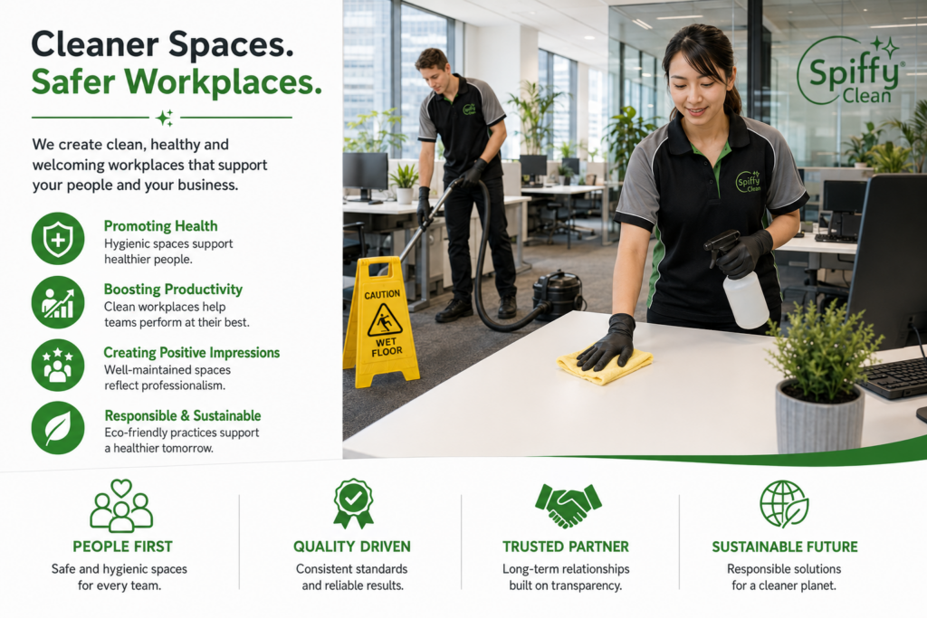 Picture1361 | Spiffy Clean - Commercial & Office Cleaning Services Two cleaners in green/black uniforms sanitize a modern office; a female worker wipes a desk while a male coworker vacuums in the background, with a left-side green-infused info panel about clean spaces and health.