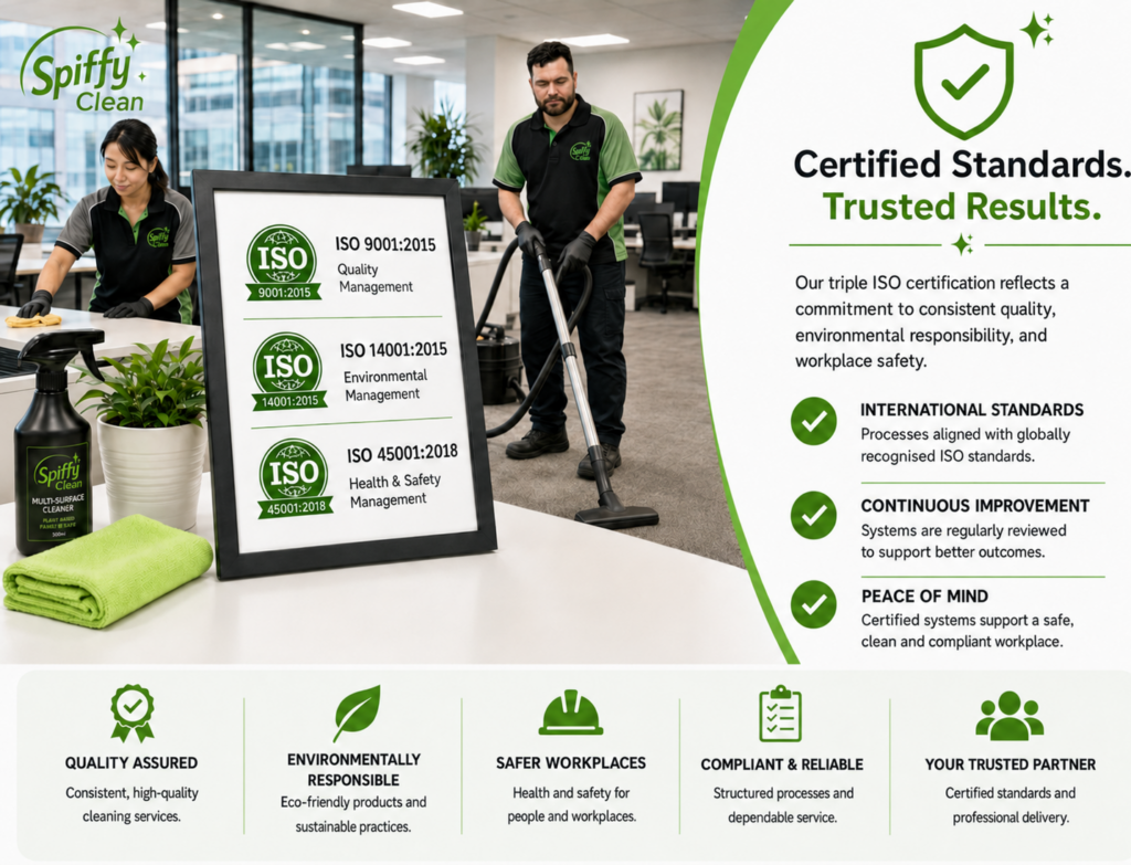 Picture1363 | Spiffy Clean - Commercial & Office Cleaning Services Cleaning staff at a reception area with a framed ISO certificates board and a large 'Certified Standards' panel on the right.