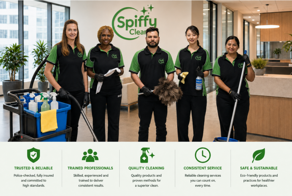 Picture1364 | Spiffy Clean - Commercial & Office Cleaning Services Five cleaners in black-and-green uniforms pose in a modern office lobby with a cleaning cart and supplies; Spiffy Clean logo on the wall behind them.