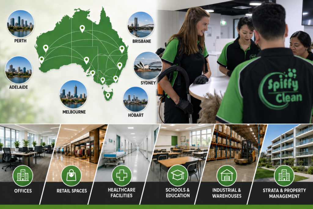 Picture1365 | Spiffy Clean - Commercial & Office Cleaning Services Australia map with location pins and circular city photos, plus Spiffy Clean staff cleaning a workspace; service areas listed below.