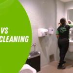 Commercial vs Residential Cleaning | Spiffy Clean - Commercial & Office Cleaning Services Green overlay with the title 'Commercial vs Residential Cleaning' beside a cleaner at a bathroom sink in a tiled restroom.