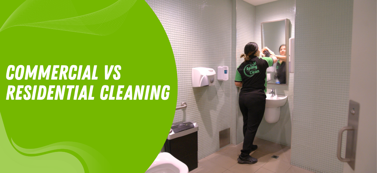 Green overlay with the title 'Commercial vs Residential Cleaning' beside a cleaner at a bathroom sink in a tiled restroom.